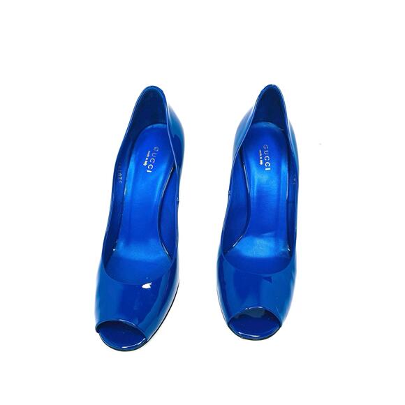 Gucci Vernice Crystal Peep Toe Pumps Ink Blue Patent Leather Heels Size 38.5 - Picture 9 of 10